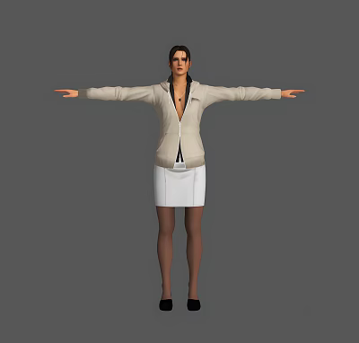 Woman In Beige Zip Up Jacket And White Skirt With Arms Outstretched Against Gray Background 3d model