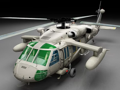 Detailed Military Helicopter Model With Gray Green Exterior And Rotor Blades Design 3d model