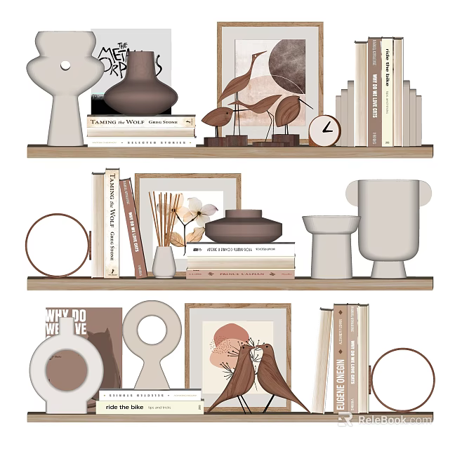 Stylish Decorative Ornament Collection With Vases Paintings Books Sculptures And Circular Decor For Home 3d model 