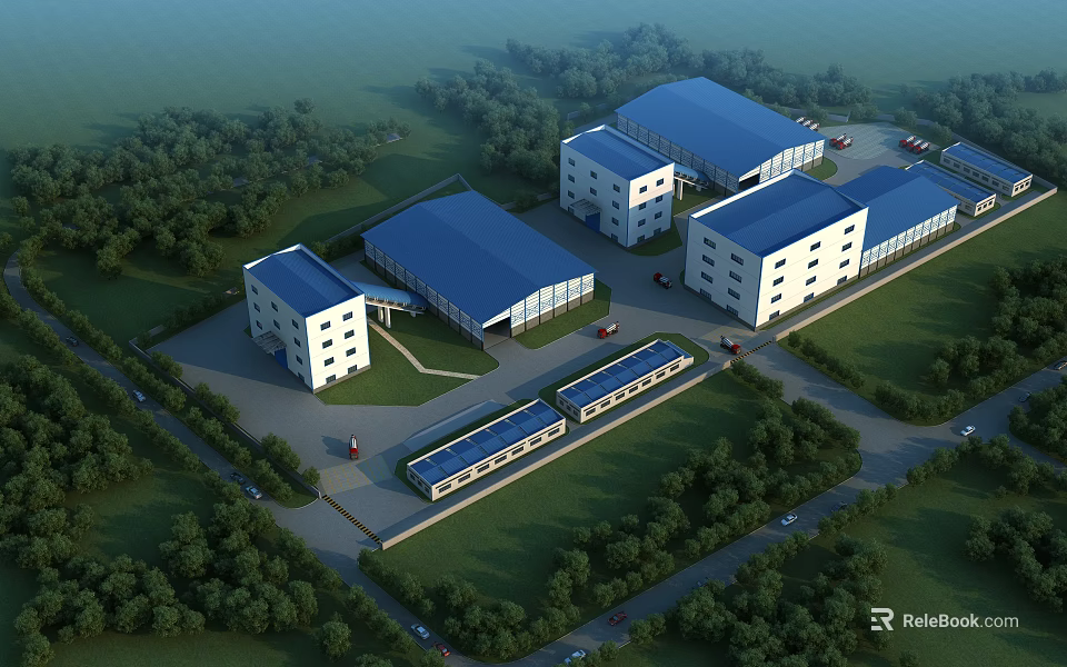 Modern Industrial Factory Complex With Blue Roofs Surrounding Trees And Access Roads 3d model 