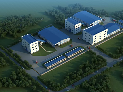 Modern Industrial Factory Complex With Blue Roofs Surrounding Trees And Access Roads 3d model