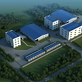 Modern Industrial Factory Complex With Blue Roofs Surrounding Trees And Access Roads