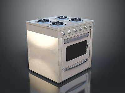 Silver Kitchen Gas Stove Oven Combination With Four Burners And Control Knobs 3d model
