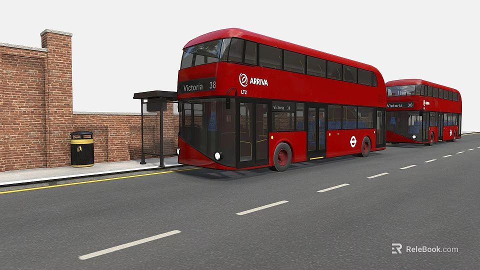 Red Double Decker Bus At Bus Stop With Brick Wall Trash Can And Another Bus 3d model 