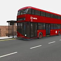 Red Double Decker Bus At Bus Stop With Brick Wall Trash Can And Another Bus 3d model