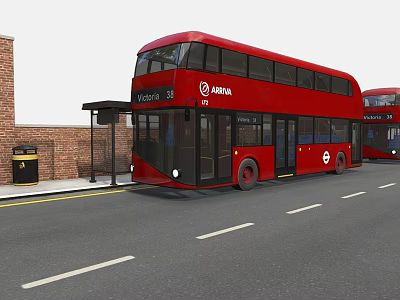Red Double Decker Bus At Bus Stop With Brick Wall Trash Can And Another Bus 3d model