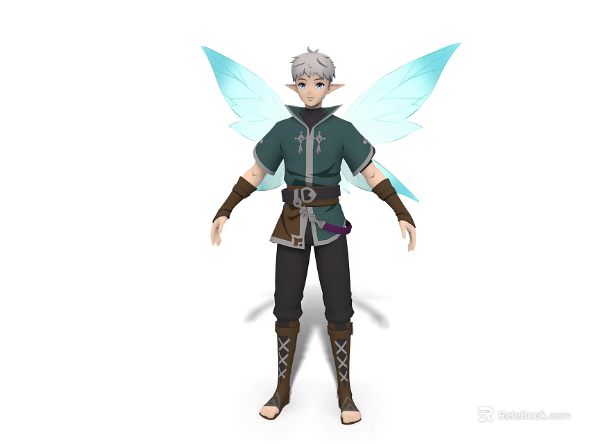 Mystical Game Movie Elven Character With Blue Wings Silver Gray Hair And Green Tunic 3d model 