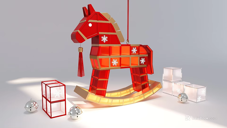 Interactive Area Featuring Red Rocking Horse With Snowflake Decorations Transparent Cubes And Silver Balls 3d model