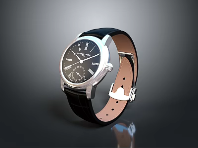 Elegant Classic Wristwatch With Black Dial Leather Strap And Silver Case 3d model