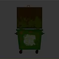 Building Exterior Green Rusty Trash Can With Open Lid White Sticker And Wheels