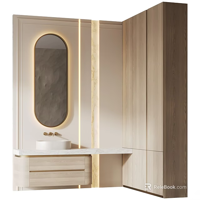 Modern Bathroom Vanity With Oval Backlit Mirror Gold Faucet Light Wood Cabinets And White Countertop 3d model 