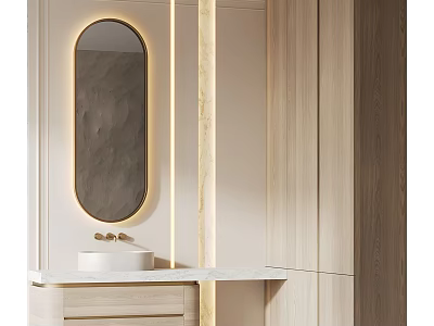 Modern Bathroom Vanity With Oval Backlit Mirror Gold Faucet Light Wood Cabinets And White Countertop 3d model
