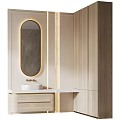 Modern Bathroom Vanity With Oval Backlit Mirror Gold Faucet Light Wood Cabinets And White Countertop