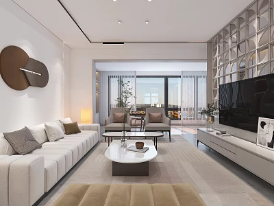 Modern Minimalist Living Room Interior Design With Comfortable Sofas Coffee Tables And Bright Large Windows 3d model