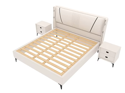 Modern Double Bed Frame With Upholstered Headboard Wooden Slats And Nightstands 3d model