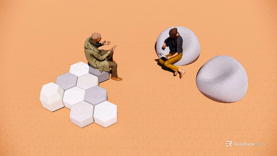 Outdoor Leisure Chairs With Hexagonal White Gray Tiles And Round Cushion Design 3d model 