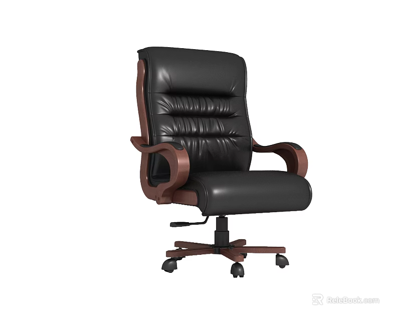 Black Leather Office Chair with Wooden Armrests Padded Tufted Backrest and Swivel Wheels 3d model 
