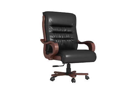 Black Leather Office Chair with Wooden Armrests Padded Tufted Backrest and Swivel Wheels 3d model