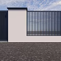 Modern Black Entrance Gate With Metal Fence White Wall And Gravel Ground