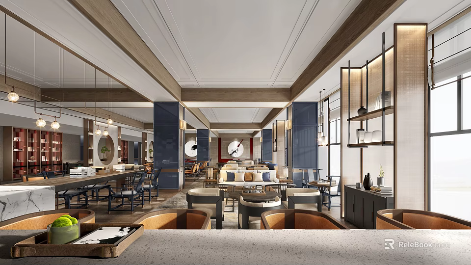 Elegant Hotel Public Lounge Interior With Comfortable Sofas Wooden Decor And Warm Lighting 3d model