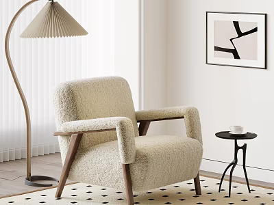 Cream Fleece Lounge Chair With Wooden Armrests Floor Lamp And Side Table In Cozy Interior 3d model