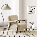 Cream Fleece Lounge Chair With Wooden Armrests Floor Lamp And Side Table In Cozy Interior