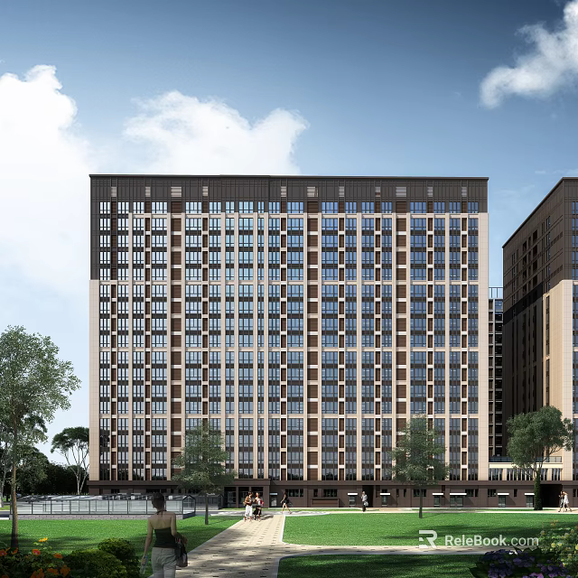 Modern High Rise Residential Building With Exterior Windows Surrounding Trees And Clear Sky 3d model 