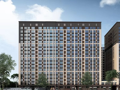 Modern High Rise Residential Building With Exterior Windows Surrounding Trees And Clear Sky 3d model