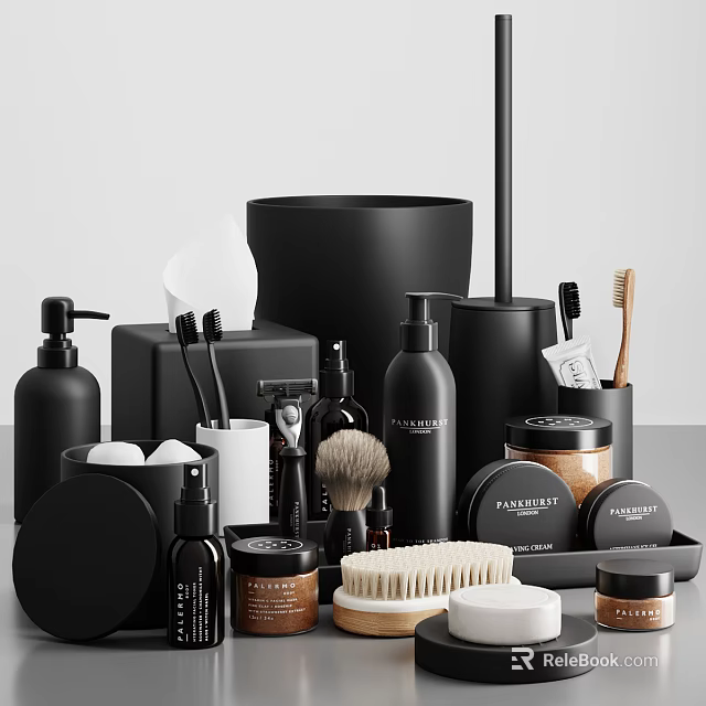 Black Bathroom Accessories Set With Toiletries Brushes Bottles And Storage Containers 3d model 