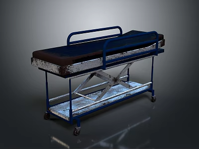 Medical Stretcher Trolley With Blue Frame Brown Mattress And Metal Rolling Wheels 3d model