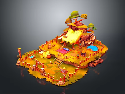 Cartoon Style Island Playground With Yellow Ground Red Fences Mushroom Trees And Water Pond 3d model