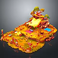 Cartoon Style Island Playground With Yellow Ground Red Fences Mushroom Trees And Water Pond