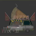 Green And White Pizza Truck With Pizza Sign And Outdoor Dining Tables Chairs