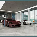 4S Luxury Car Showroom Displaying Red Sports Car On Circular Stand And Blue Vehicle Screen