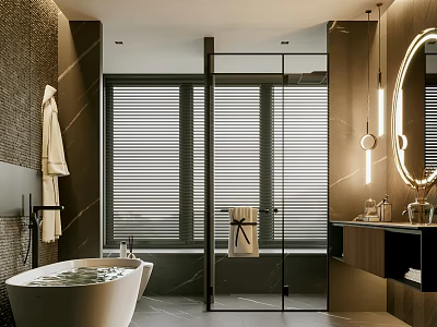 Modern Bathroom Interior Design With Freestanding Bathtub Glass Shower Blinds And Round Mirror 3d model