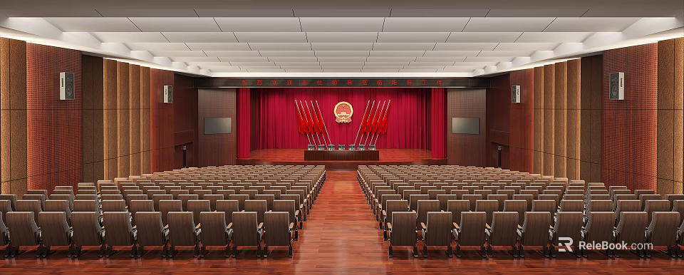 School Auditorium Interior With National Emblem Red Flags And Seats 3d model 