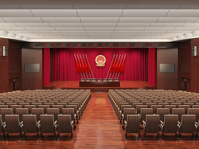 School Auditorium Interior With National Emblem Red Flags And Seats 3d model