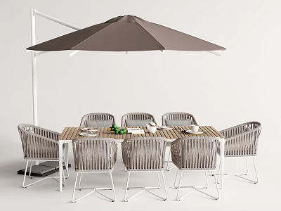 Outdoor Dining Table And Chairs Set With Gray Wicker Seats And Rectangular Top Under Umbrella 3d model