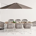 Outdoor Dining Table And Chairs Set With Gray Wicker Seats And Rectangular Top Under Umbrella 3d model
