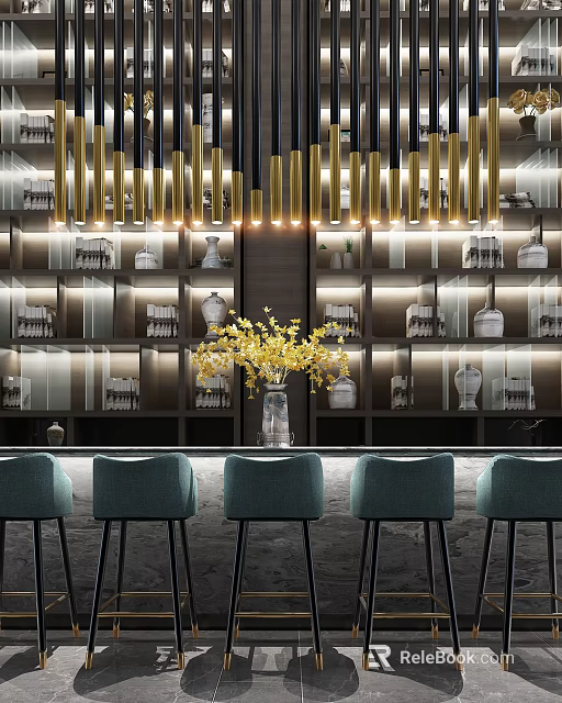 Stylish Bar Counter With Teal Stools Gold Pendant Lights And White Decorative Vases 3d model 