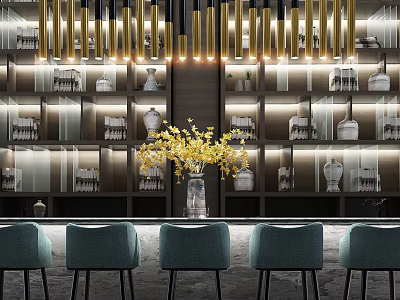 Stylish Bar Counter With Teal Stools Gold Pendant Lights And White Decorative Vases 3d model