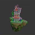 Red Multi Story Building Floating On Small Island With Windows And Decorative Details