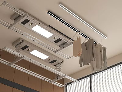 Ceiling Mounted Clothes Rack With LED Lights And Hanging Clothes In Modern Home Interior 3d model