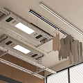 Ceiling Mounted Clothes Rack With LED Lights And Hanging Clothes In Modern Home Interior