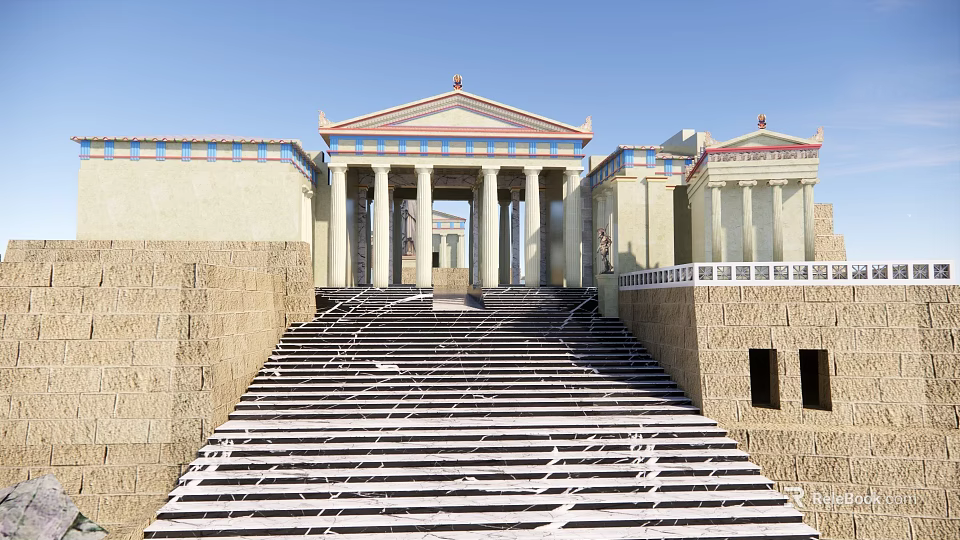 Classical Ancient Architecture Featuring Tall Columns Pediment Long Stone Steps And Blue Sky Background 3d model