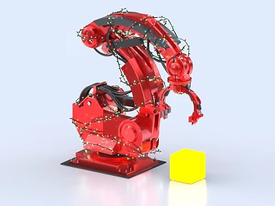 Intelligent Red Robotic Arm Manipulating Yellow Cube With High Precision 3d model