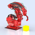 Intelligent Red Robotic Arm Manipulating Yellow Cube With High Precision