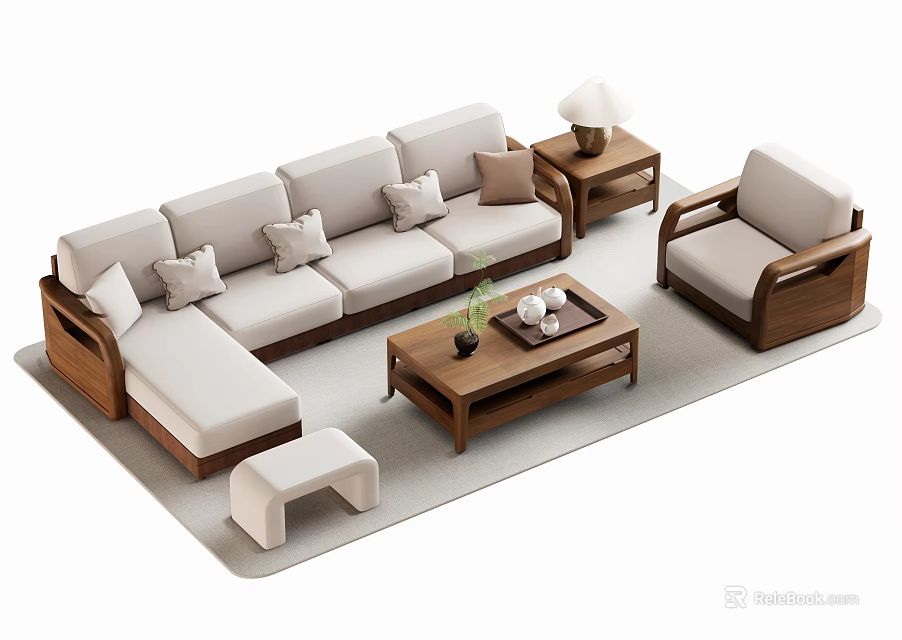 Modern Sofa and Coffee Table Set with Armchair Ottoman Side Table and Table Lamp 3d model 