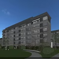Modern Multi story Residential Building Exterior With Lawn Trees And Walkway