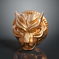 Shiny Golden Wolf Head Sculpture With Intricate Carvings On Dark Background